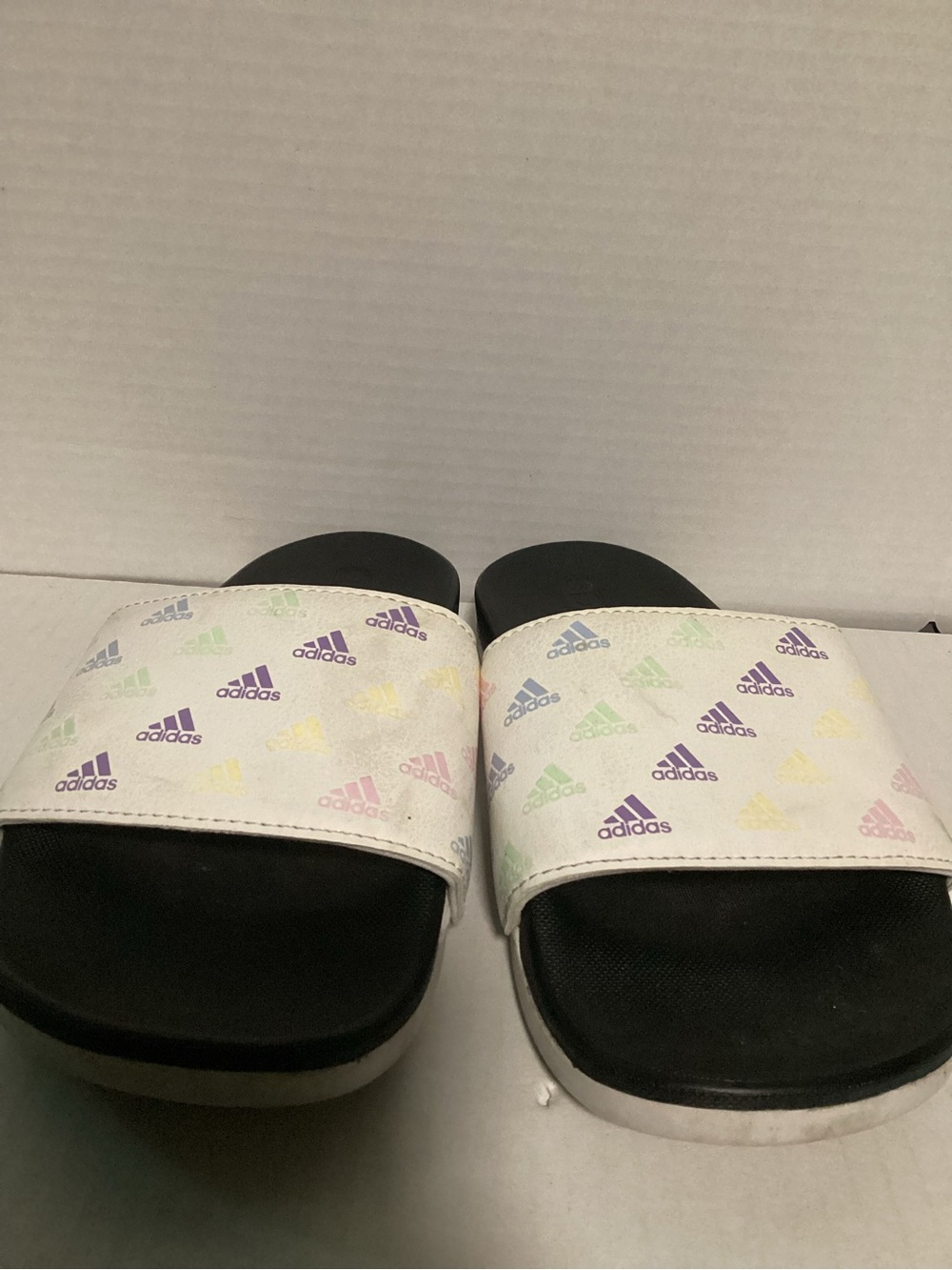 adidas White Slide Sandals with Pastel Logo Print Kids US 4
